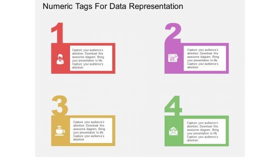 Four Staged Numeric Tags For Data Representation Powerpoint Template