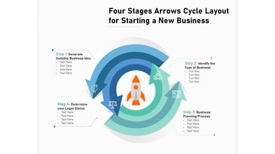 Four Stages Arrows Cycle Layout For Starting A New Business Ppt PowerPoint Presentation Gallery Background Designs PDF Four Stages Arrows Cycle Layout For Starting A New Business Ppt PowerPoint Presentation Gallery Background Designs PDF