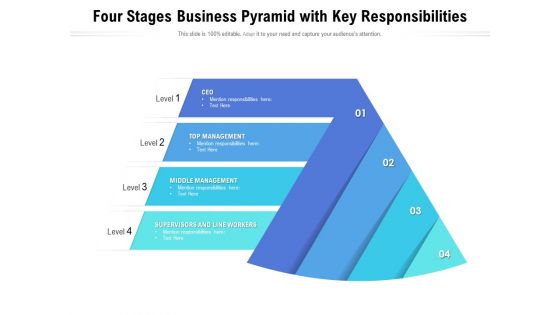 Four Stages Business Pyramid With Key Responsibilities Ppt PowerPoint Presentation File Diagrams PDF