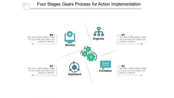 Four Stages Gears Process For Action Implementation Ppt Powerpoint Presentation Infographics Skills