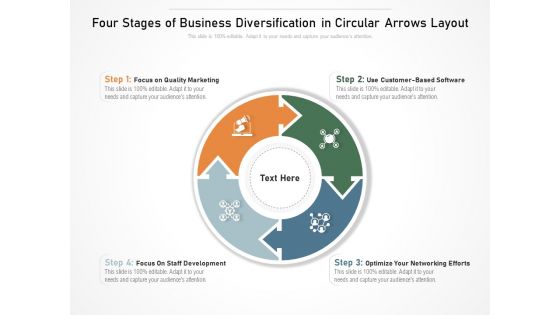 Four Stages Of Business Diversification In Circular Arrows Layout Ppt PowerPoint Presentation Gallery Design Inspiration PDF