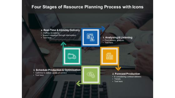 Four Stages Of Resource Planning Process With Icons Ppt PowerPoint Presentation Styles Grid PDF