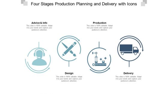 Four Stages Production Planning And Delivery With Icons Ppt Powerpoint Presentation Professional Deck