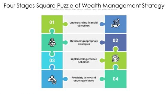 Four Stages Square Puzzle Of Wealth Management Strategy Ppt PowerPoint Presentation Gallery Layouts PDF