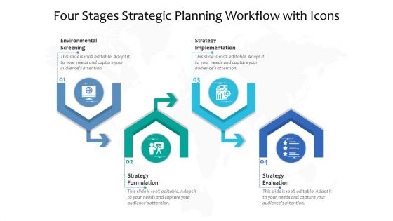 Four Stages Strategic Planning Workflow With Icons Ppt PowerPoint Presentation Gallery Smartart PDF