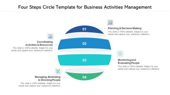 Four Steps Circle Template For Business Activities Management Ppt PowerPoint Presentation Gallery Outline PDF