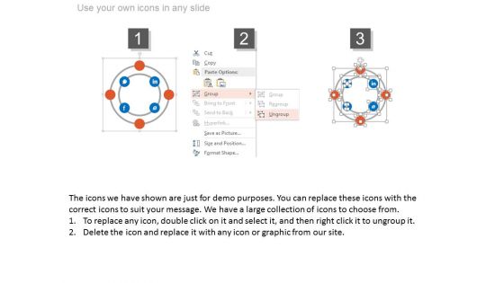 Four Steps Circle With Social Media Icons Powerpoint Slides