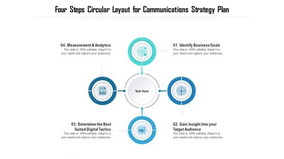 Four Steps Circular Layout For Communications Strategy Plan Ppt PowerPoint Presentation File Pictures PDF