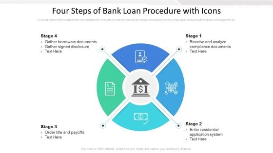 Four Steps Of Bank Loan Procedure With Icons Ppt PowerPoint Presentation Ideas Gallery PDF