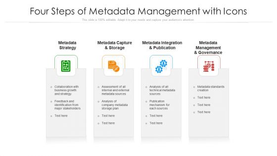 Four Steps Of Metadata Management With Icons Ppt PowerPoint Presentation File Brochure PDF