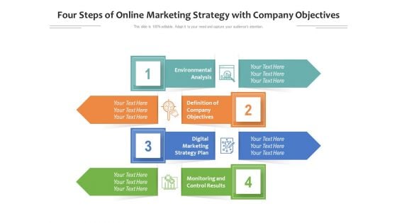 Four Steps Of Online Marketing Strategy With Company Objectives Ppt PowerPoint Presentation File Graphics Download PDF