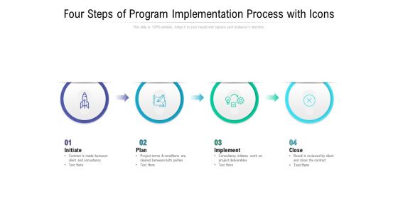 Four Steps Of Program Implementation Process With Icons Ppt PowerPoint Presentation Portfolio Graphics Pictures