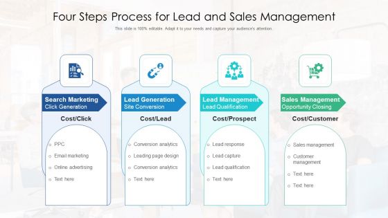 Four Steps Process For Lead And Sales Management Ppt PowerPoint Presentation Infographic Template Example PDF