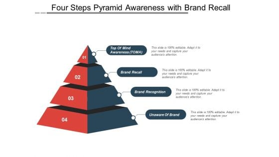 Four Steps Pyramid Awareness With Brand Recall Ppt PowerPoint Presentation Gallery Ideas PDF