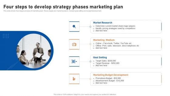 Four Steps To Develop Strategy Phases Marketing Plan Icons PDF