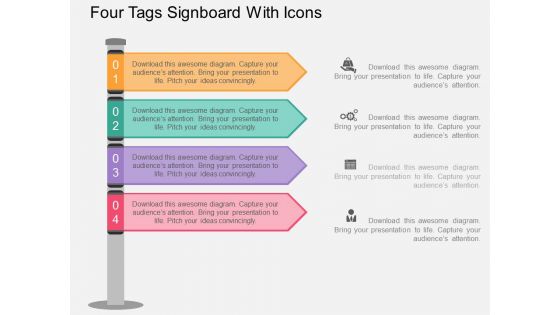 Four Tags Signboard With Icons Powerpoint Template