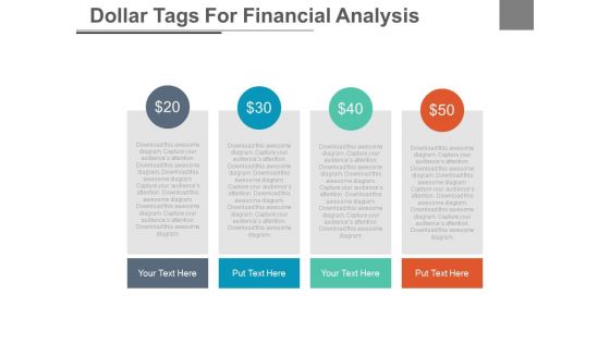 Four Tags With Dollar Values For Financial Analysis Powerpoint Slides