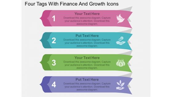 Four Tags With Finance And Growth Icons Powerpoint Template