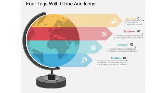 Four Tags With Globe And Icons Powerpoint Template