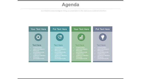 Four Text Boxes For Business Agenda Implementation Powerpoint Slides