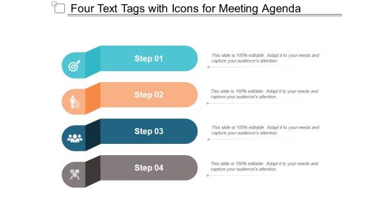 Four Text Tags With Icons For Meeting Agenda Ppt PowerPoint Presentation Inspiration Example File