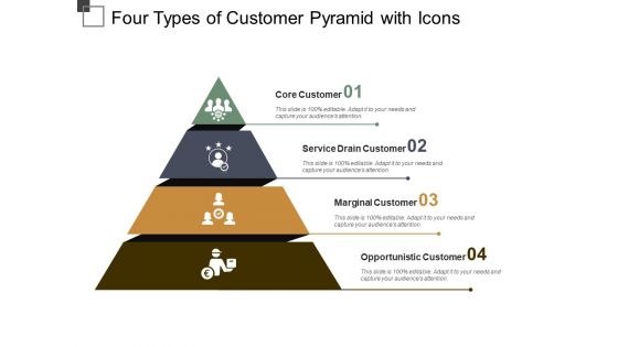 Four Types Of Customer Pyramid With Icons Ppt PowerPoint Presentation Professional Templates