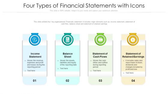 Four Types Of Financial Statements With Icons Ppt PowerPoint Presentation File Model PDF