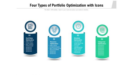 Four Types Of Portfolio Optimization With Icons Ppt PowerPoint Presentation File Display PDF