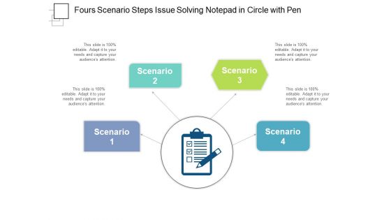 Fours Scenario Steps Issue Solving Notepad In Circle With Pen Ppt PowerPoint Presentation Layouts Layout PDF