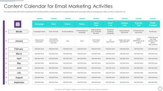 Franchise Marketing Plan Playbook Content Calendar For Email Marketing Activities Inspiration PDF