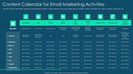 Franchise Promotion And Advertising Playbook Content Calendar For Email Marketing Activities Professional PDF Franchise Promotion And Advertising Playbook Content Calendar For Email Marketing Activities Professional PDF