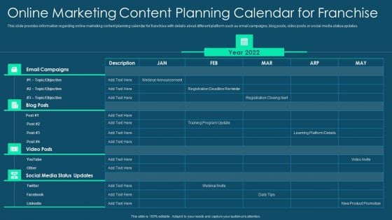 Franchise Promotion And Advertising Playbook Online Marketing Content Planning Calendar For Franchise Infographics PDF