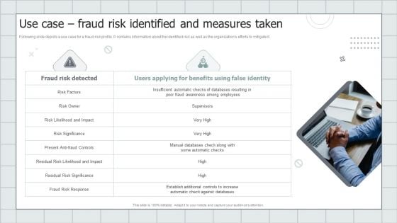 Fraud Avoidance Playbook Use Case Fraud Risk Identified And Measures Taken Infographics PDF Fraud Avoidance Playbook Use Case Fraud Risk Identified And Measures Taken Infographics PDF