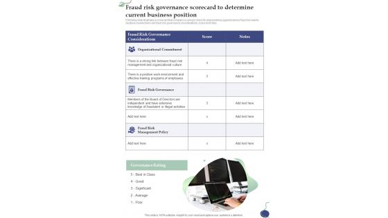 Fraud Risk Governance Scorecard To Determine Current One Pager Sample Example Document