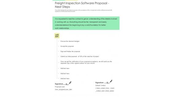 Freight Inspection Software Proposal Next Steps One Pager Sample Example Document