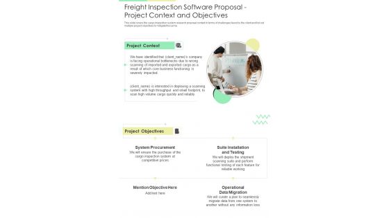 Freight Inspection Software Proposal Project Context And Objectives One Pager Sample Example Document