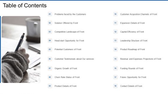 Front Series Venture Capital Funding Table Of Contents Summary PDF