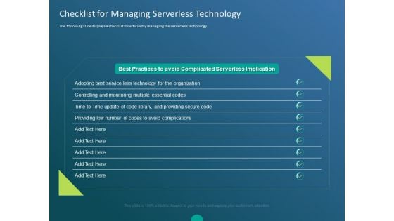 Functioning Of Serverless Computing Checklist For Managing Serverless Technology Ppt Model Images PDF