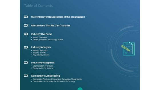 Functioning Of Serverless Computing Table Of Contents Ppt File Background PDF