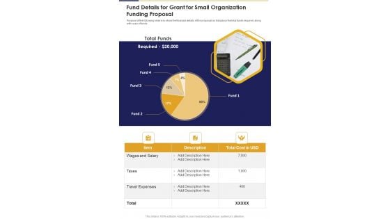 Fund Details For Grant For Small Organization Funding Proposal One Pager Sample Example Document Fund Details For Grant For Small Organization Funding Proposal One Pager Sample Example Document