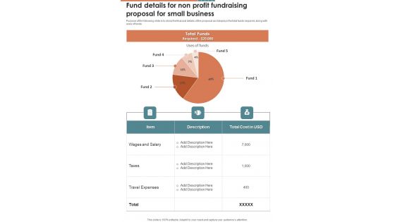 Fund Details For Non Profit Fundraising Proposal For Small Business One Pager Sample Example Document