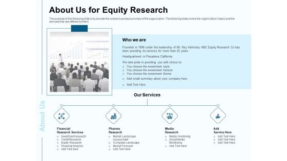 Fund Investment Advisory Statement About Us For Equity Research Ppt Icon Designs PDF