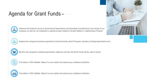 Funding Deck To Raise Grant Funds From Public Organizations Agenda For Grant Funds Ppt Professional Format PDF