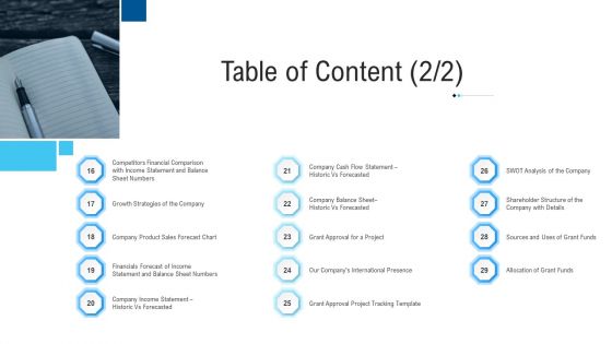 Funding Deck To Raise Grant Funds From Public Organizations Table Of Content Strategies Ppt Infographics Gridlines PDF