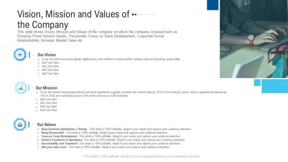 Funding Deck To Raise Grant Funds From Public Organizations Vision Mission And Values Of The Company Elements PDF