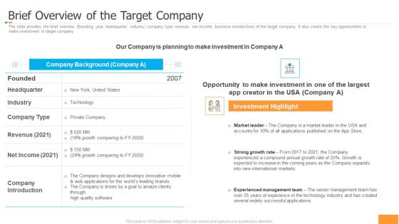 Funding Pitch Book Outline Brief Overview Of The Target Company Background PDF