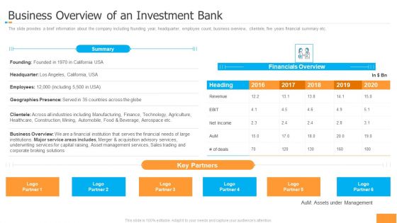 Funding Pitch Book Outline Business Overview Of An Investment Bank Pictures PDF