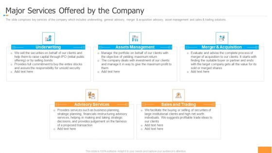 Funding Pitch Book Outline Major Services Offered By The Company Ppt Show Graphic Tips PDF