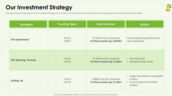 Funding Pitch Deck Our Investment Strategy Ppt Model Elements PDF
