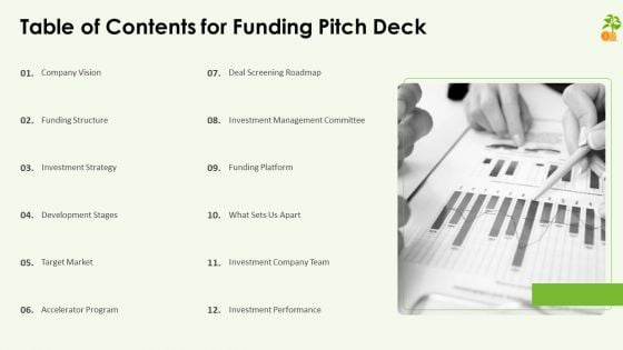 Funding Pitch Deck Table Of Contents For Funding Pitch Deck Sample PDF